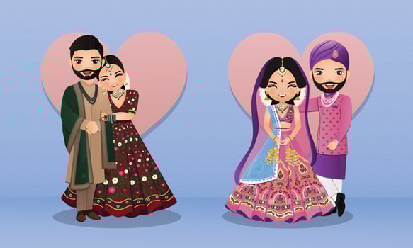 Set of Cute couple in traditional indian dress cartoon characters bride and groom.Wedding invitations card. vector