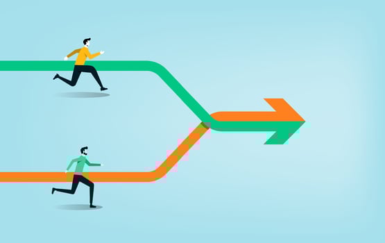 Collaboration synergy work together. Joint alliance and merger, team and partnership. Businessmen running to join direction together to succeed target vector