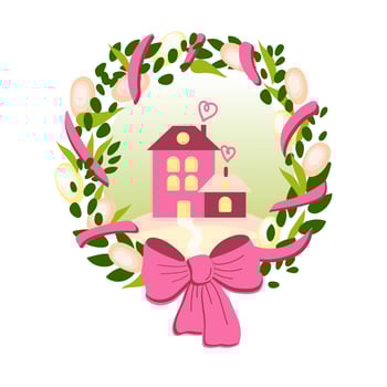 Happy easter greeting card of cute home with nature decorations and in childrens cartoon style. Festive spring holiday illustration. vector