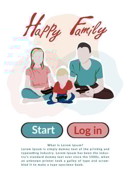 Video entertainment cute vector flat illustration. Father and kids. Happy family. Father's Day. Family having fun playing video games together. Concept of family fun with kids at home.