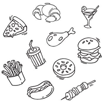 Fast Food Doodle Icons. Hand Made Line Art. Menu Restaurant. Famous Food. Logotype Symbol Design. vector illustration