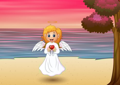 Angel girl present a red heart on the beach vector