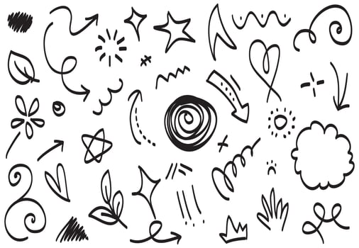 Abstract arrows, ribbons, crowns, hearts, explosions and other elements in hand drawn style for concept design. Doodle illustration. Vector template for decoration