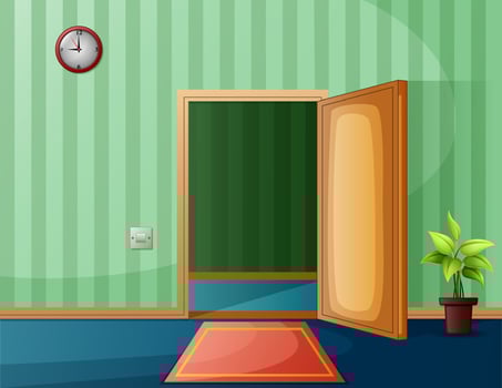 Exit door from room with green wall and plant vector