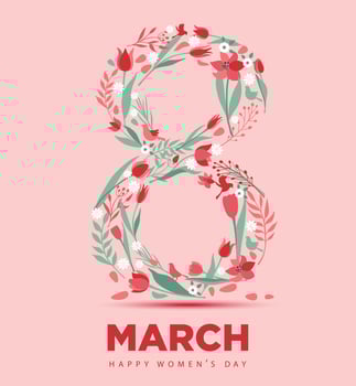 Graphic design postcard for International Womens Day with 8 March inscription and tulipsi. Vertical greeting card with flower in in the figure of eight. vector