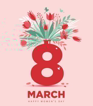 Graphic design postcard for International Women s Day with 8 March inscription and tulips in vase. Vertical greeting card with flower bouquet. Colorful flat vector illustration.