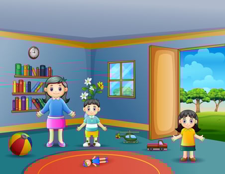 Happy mother with her children playing in living room vector