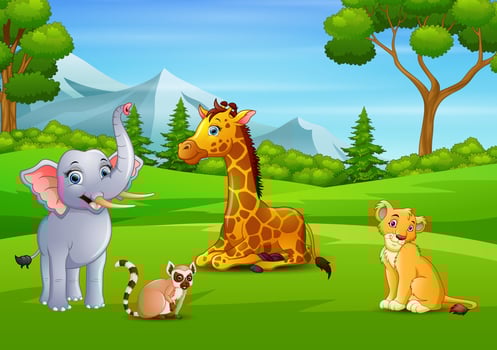 Wild animals cartoon enjoying in the green field vector