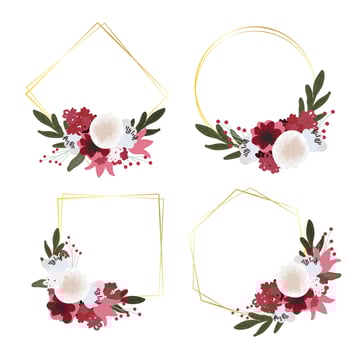 beautiful red and white flower bouquet with golden geometric frame flat style collection for wedding birthday or valentine's day vector