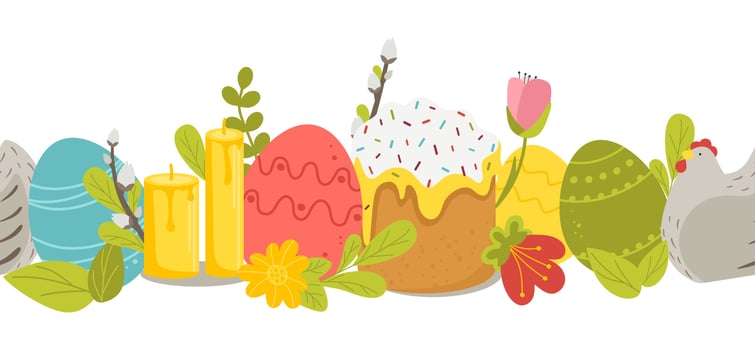 Horizontal Easter pattern with willow, multicolored eggs, cake and chicken on a white background. Vector illustration in a flat style