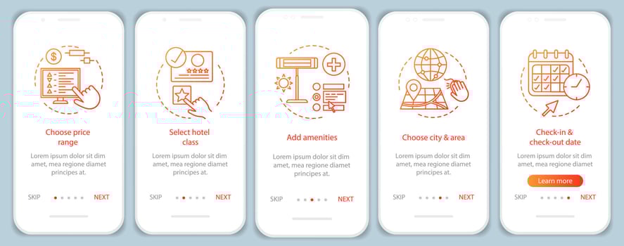 Accommodation booking onboarding mobile app screen vector template. Choose apartment, hotel. Price, star, amenity. Hostel, motel reservation. Walkthrough website step. UX, UI, GUI smartphone interface