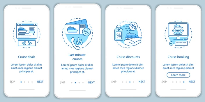 Cruise onboarding mobile app page screen vector template. Deals, last minute cruises, discounts, booking. Walkthrough website steps with linear illustrations. UX, UI, GUI smartphone interface concept