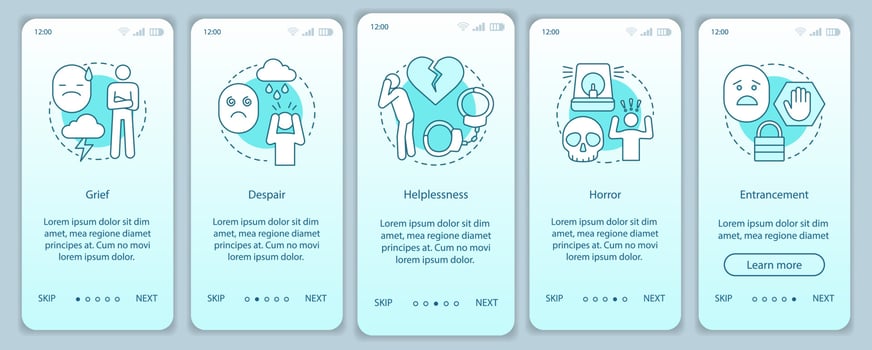 Hard feelings onboarding mobile app page screen vector template. Grief, despair, helplessness, horror. Walkthrough website steps with linear illustrations. UX, UI, GUI smartphone interface concept