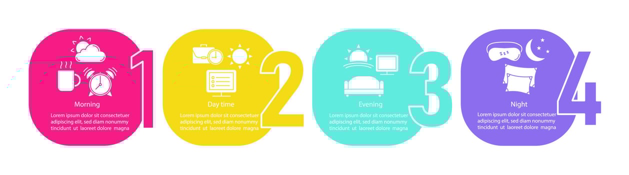 Time period vector infographic template. Morning, day, evening, night. Business presentation design elements. Data visualization steps and options. Process timeline chart. Workflow layout with icons