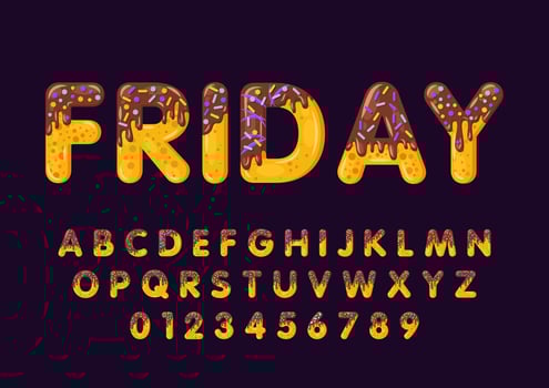 Donut cartoon friday biscuit bold font style. Glazed capital letters, alphabet, number. Tempting flat design typography. Cookies letters. Indigo background. Pastry, bakery isolated vector clipart