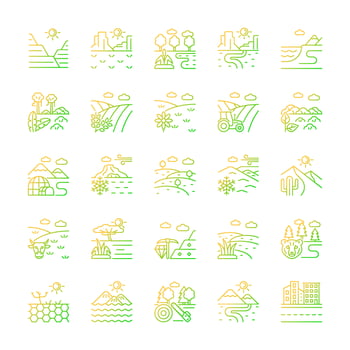 Land types gradient linear vector icons set. Biome diversity. Hot and cold climate zones. Agricultural and industrial areas. Thin line contour symbols bundle. Isolated outline illustrations collection