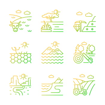 Industrial land gradient linear vector icons set. Agriculture and farmlands. Mineral mining. Timber industry. Working lands. Thin line contour symbols bundle. Isolated outline illustrations collection