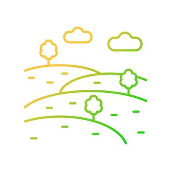 Hills gradient linear vector icon. Natural elevation. Land formation raised above surface. Medium height mountain. Thin line color symbol. Modern style pictogram. Vector isolated outline drawing