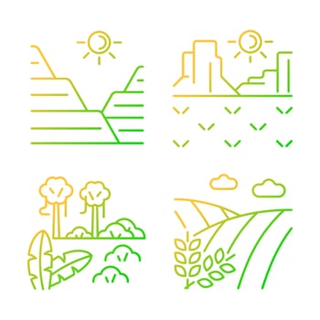 Landforms gradient linear vector icons set. Sediment and rock land formation. Hot climate region. Jungle and rainforest. Thin line contour symbols bundle. Isolated outline illustrations collection