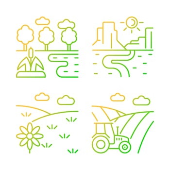 Diverse land types gradient linear vector icons set. Cultivable and barren soil. Plant growing climate condition. Thin line contour symbols bundle. Isolated outline illustrations collection