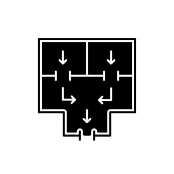 Means to vacate building black glyph icon. Planning apartment building escape. Evacuation route. Emergency situation. Leave home safely. Silhouette symbol on white space. Vector isolated illustration