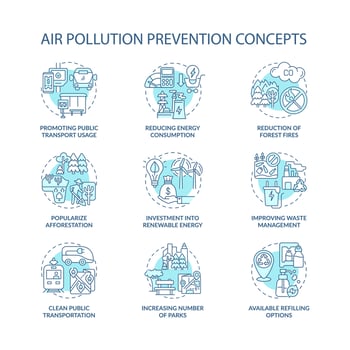 Air pollution prevention concept icons set. Renewable energy idea thin line color illustrations. Popularize afforestation. Refilling options. Vector isolated outline drawings. Editable stroke