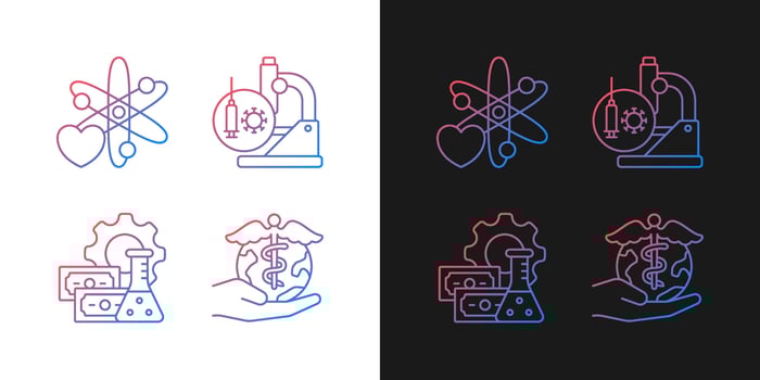 Medicine development gradient icons set for dark and light mode. Interest in science. Thin line contour symbols bundle. Isolated vector outline illustrations collection on black and white