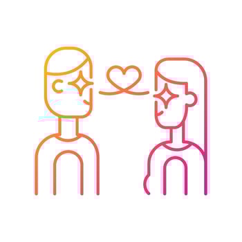 Love at first sight gradient linear vector icon. Instantly infatuated by each other. Mutual romantic feeling. Two people Thin line color symbol. Modern style pictogram. Vector isolated outline drawing