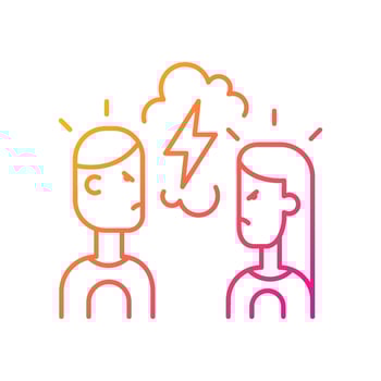 Quarreling couple gradient linear vector icon. Angry girlfriend and boyfriend during conflict, shouting at each other. Thin line color symbol. Modern style pictogram. Vector isolated outline drawing
