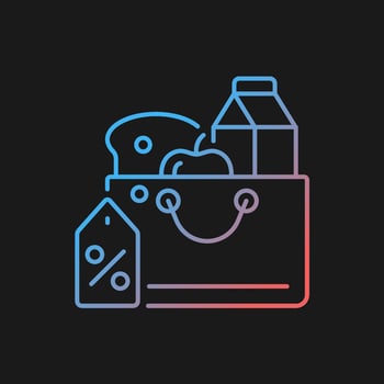 Reduced food prices gradient vector icon for dark theme. Grocery discounts. Buying products at low price. Thin line color symbol. Modern style pictogram. Vector isolated outline drawing