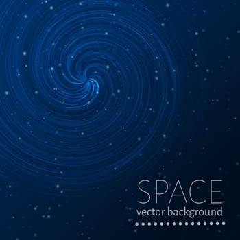 Blue space background. Glowing spiral and sparkling particles. Futuristic vector illustration. Easy to edit design template.