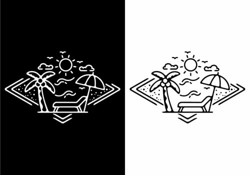 Black and white line art illustration of beach in parallelogram shape vector