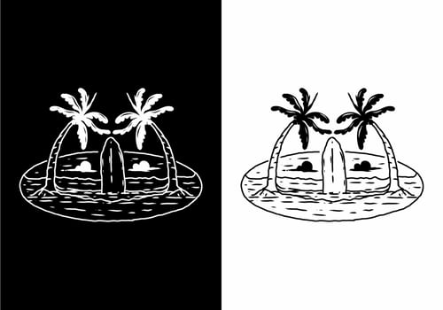 Black and white illustration drawing of surfing board and beach vector