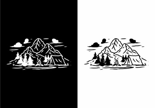Black and white illustration drawing of mountain and camping tent vector
