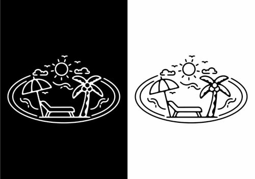 Black and white line art illustration of beach in oval shape vector