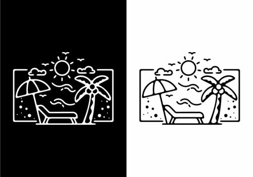 Black and white line art illustration of beach in rectangle shape vector