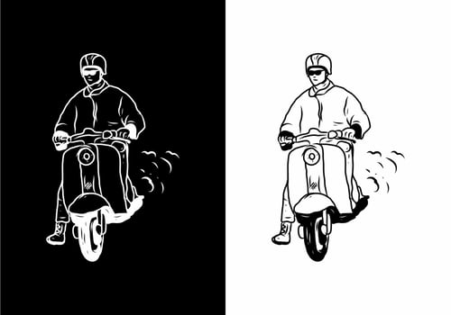 Black and white illustration drawing of man with scooter vector