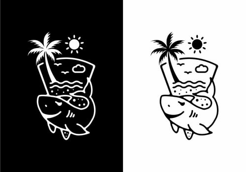 Black and white line art illustration of shark vector