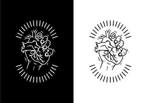 Black and white of hand holding heart badge vector