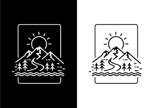 Black and white mountain landscape in rectangle badge vector
