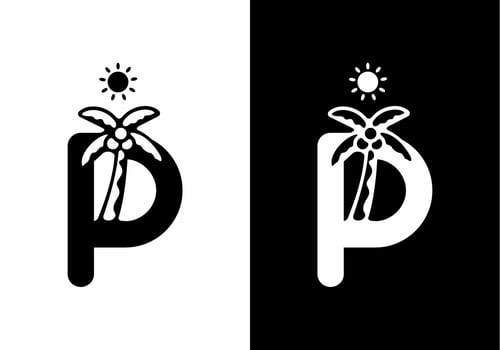 Black and white of P initial letter with coconut tree vector