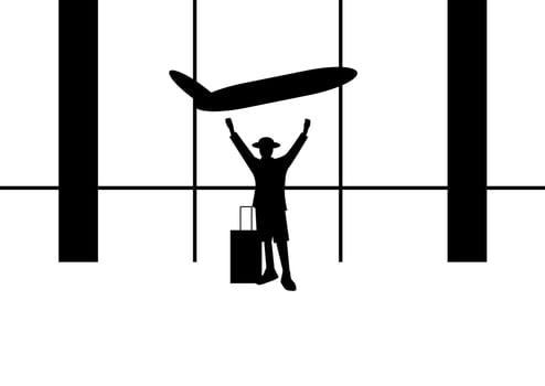 Tourism and airplane travel concept. Vector flat people illustration. a man standing with luggage on airport departure with a plane background.