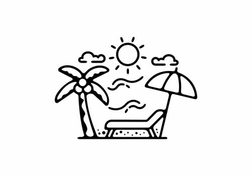 Black line art illustration of beach chair and umbrella vector