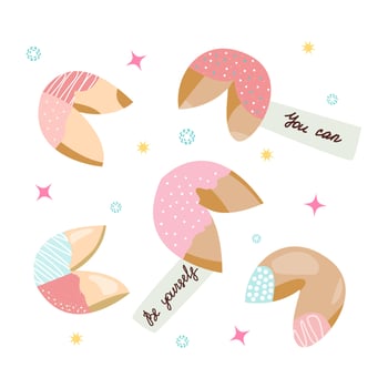 Set of Chinese Fortune Cookies. Asian Baked goods for good luck. Vector cartoon flat illustration isolated on white background