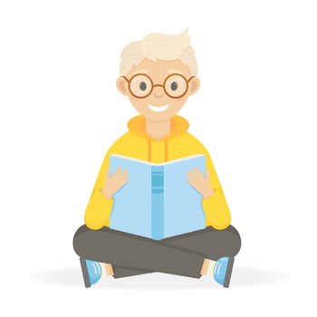 Happy smiling boy with glasses reading book, sits with a book in his hands. vector