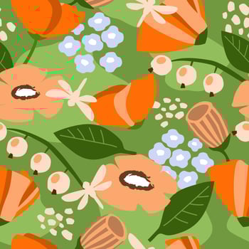 Seamless pattern with bright abstract summer ornament. Poppies flowers, currant berries, dragonflies on the plant natural print. Vector graphics.