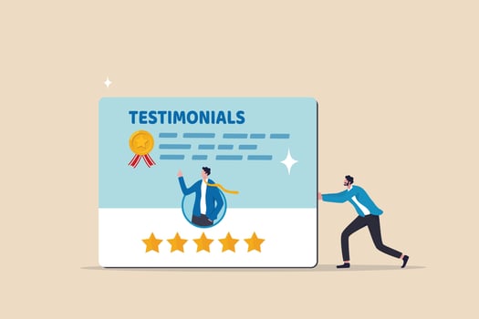 Testimonials client review, customer praise or opinion or feedback giving 5 stars rating, message or positive comment, quality service concept, businessman pushing testimonial card with good reviews. vector