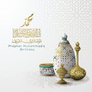 Mawlid Al Nabi Greeting Card Islamic Illustration Background vector design with arabic calligraphy, crescent and lanterns for background, card, banner, wallpaper, cover, brosur and decoration