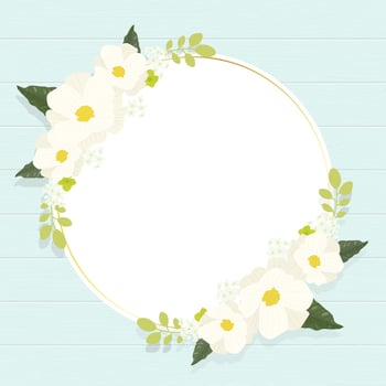cute white cosmos flower wreath frame on vintage blue wood background square banner vector