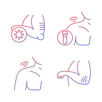 Shoulder and elbow pain gradient linear vector icons set. Autoimmune condition. Rheumatism blood test. Septic arthritis. Thin line contour symbols bundle. Isolated outline illustrations collection